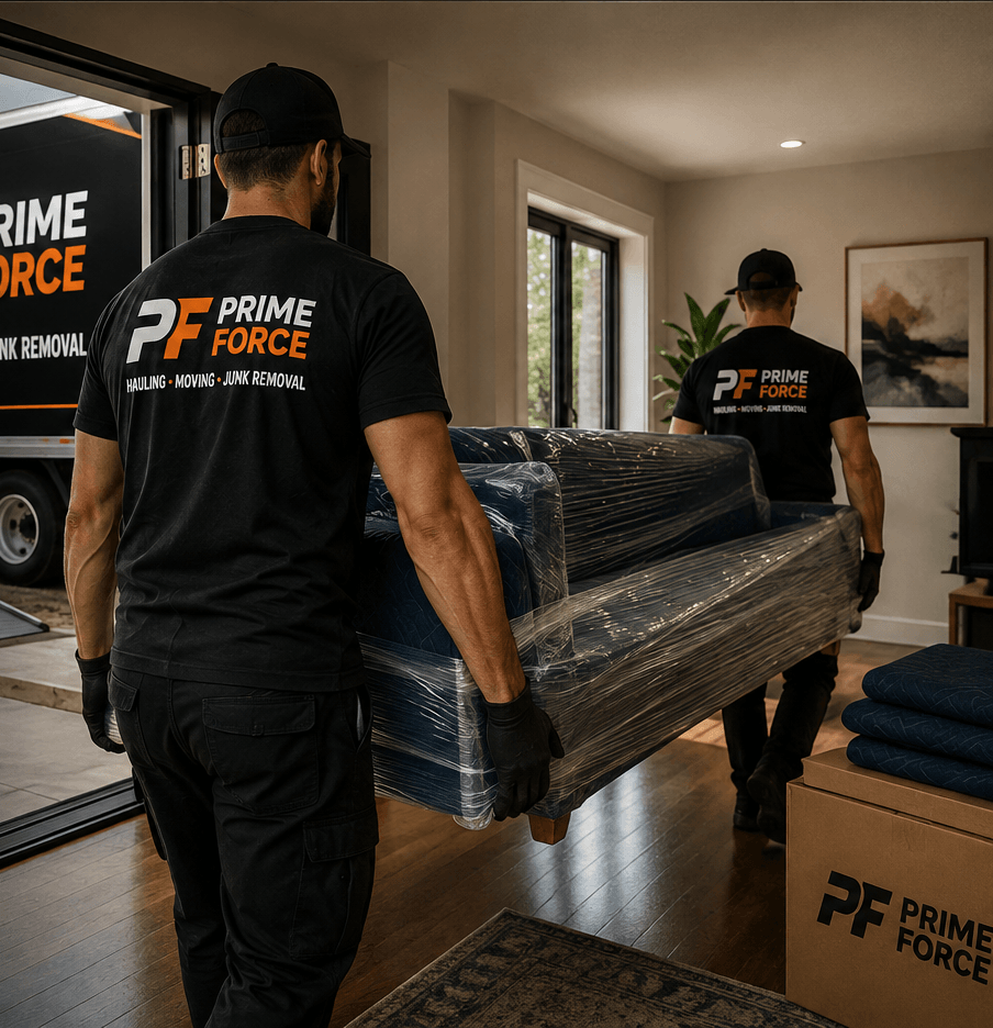 Two PRIME FORCE movers in branded uniforms carrying a shrink-wrapped sofa toward a PRIME FORCE moving truck